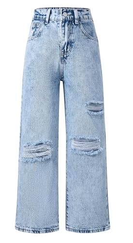 Happy Cherry Girls Cut Out Wide Leg Jeans Baggy High Waisted with Pockets Kids Casual Distressed Denim Pants 5-14Y