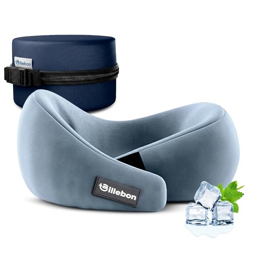 Image of Billebon Gel Infused Memory Foam Neck Pillow with Case, Travel Pillow with Adjustable Velcro Straps, Neck Pillow for Travelling & Flight Travel, Ergonomic Support for Comfort & Pain Relief (Grey)