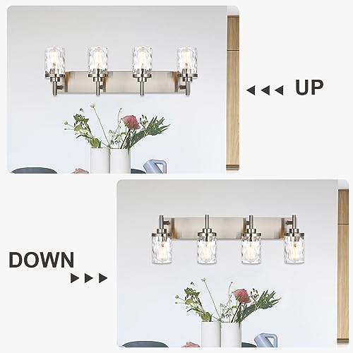 Image of Bathroom Vanity Lighting Fixtures 4 Lights,Brushed Nickel Bathroom Vanity Lights with Clear Hammered Shade Wall Sconce Lighting Modern Farmhouse Bath Lighting