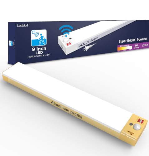 Image of Leetdud Under Cabinet Lighting Plug in 9 Inch, 120V Motion Sensor Lights Indoor, 3CCT 3000 /4000 /5000K, Aluminum Linkable Super Bright LED Counter Light with Timer for Kitchen, Closet, Golden, 1 Pack
