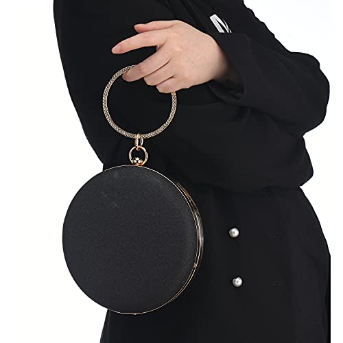 Round Evening Bag Sparkling Glitter Purse Rhinestone Top Handle For Party Cross Body Shoulder Bag For Wedding Bridal (Black) #TOP1