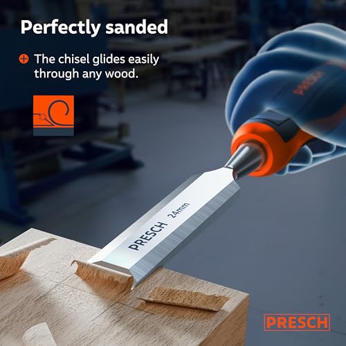 Presch Wood Chisel Set 6 pcs. incl. Bag (6, 12, 18, 24, 32 & 38mm) - Fully Polished for immediate use - for Professionals with a 25° Angle and Robust Metal Striking Cap