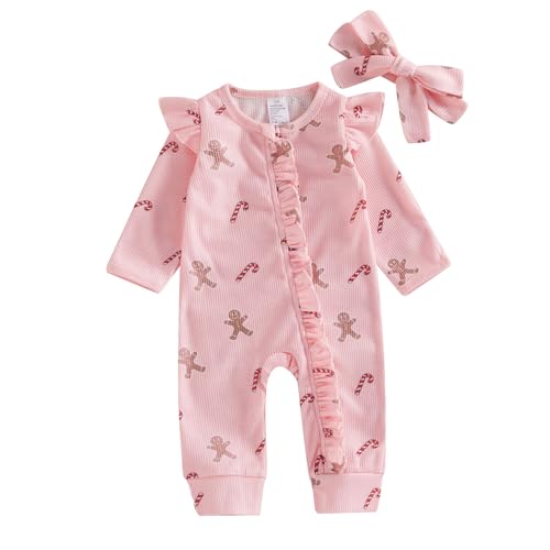 Image of Ysfanwuxi Newborn Baby Girl Christmas Ruffle Romper Knit Sweater Onesie Jumpsuit Long Sleeve Zipper Gingerbread Print Outfits