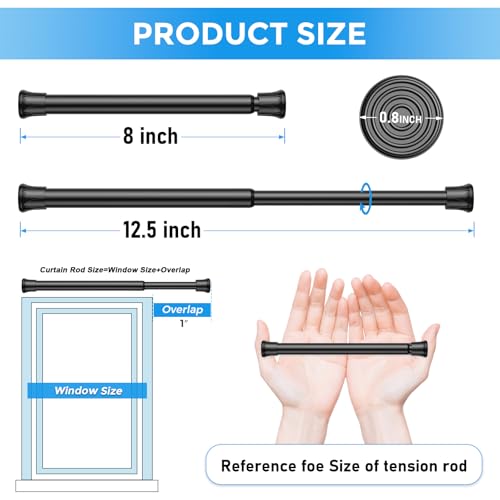 Image of 2 Pack Spring Tension Curtain Rod 8 to 12.5 Inch, DIY Mini Curtain Rods No Drill for Slim Window Cupboard Closet Sidelights, Black