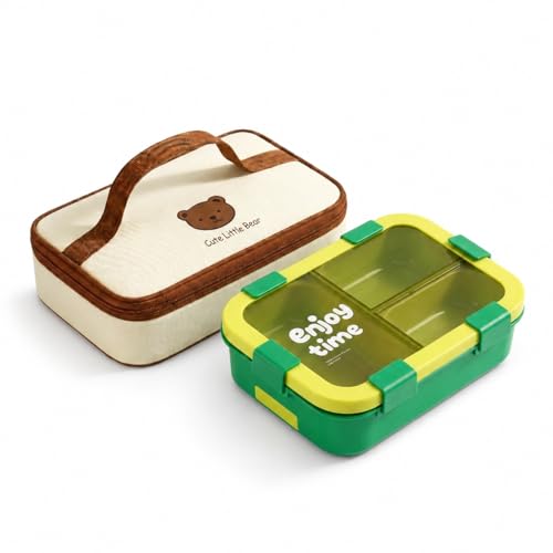 Image of Motka Bento 700 ML Lunch Box 3 Compartments with Insulated Bag | Spoon & Fork Set | Leak Resistant, Food Container for Kids, Adults, School, Office, Travel (Green)