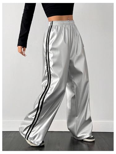 Women's Metallic Elastic Waist Sweatpants Side Stripe PU Leather Wide Leg Athletic Pants3