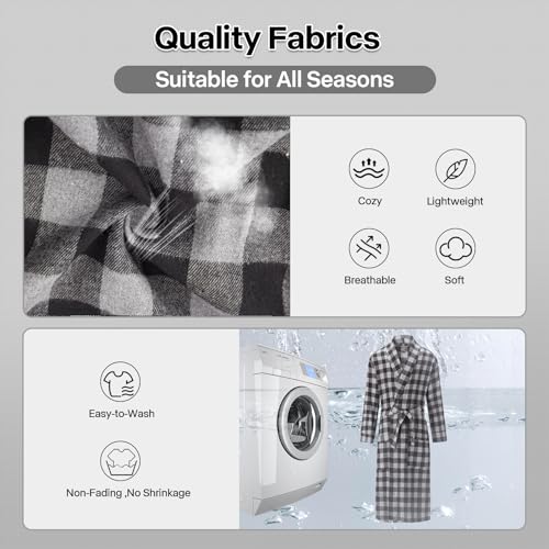 Image of FashGudim Mens Buffalo Plaid Cotton Robe Lightweight Bathrobe Shawl Collar Kimono Sleepwear Loungewear House Robes