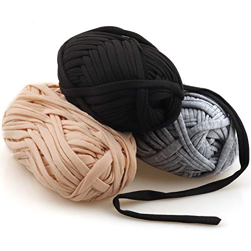 Knitting Yarn Fabric Cloth T-Shirt Yarn Carpet Yarn Yarn For Crocheting，120 Yards T-Shirt Yarn Knitting Yarn For Hand Diy Bag Blanket Cushion Crocheting Projects,With Crochet Hook (Gray,Beige,Black) #TOP5