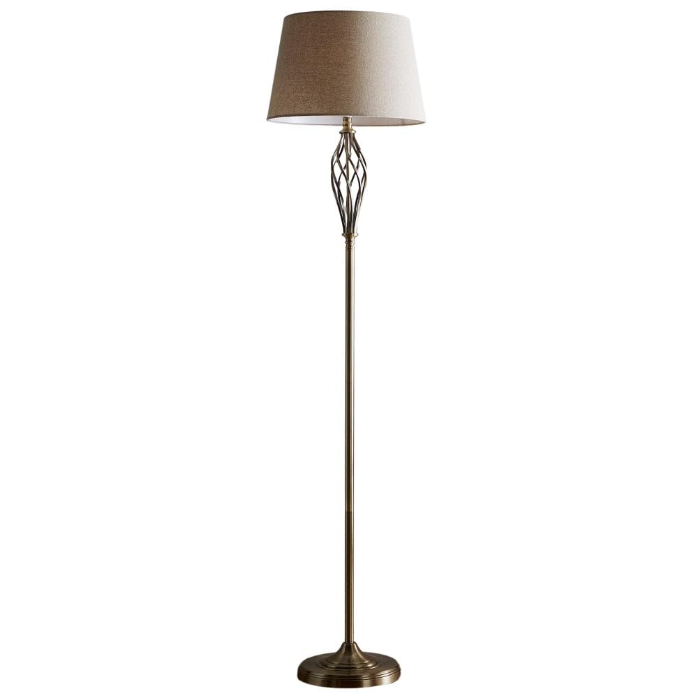 Britalia Antique Brass Barley Twist Floor Lamp, 160cm Height, Oatmeal Natural Linen Shade