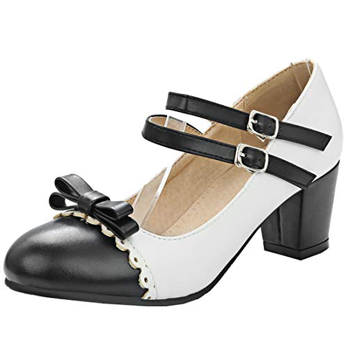 MAVMAX Women's Bowtie Mary Janes Block Chunky Mid Heel Lolita Pumps