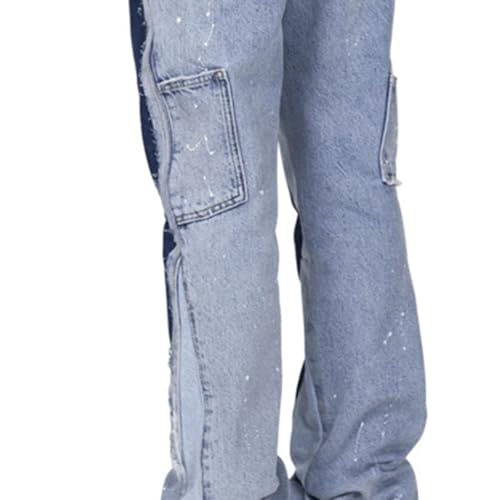 Mens Stacked Jeans Baggy Streetwear Ripped Bootcut Denim Pants with Pockets Stretch Patchwork Jean Trousers3