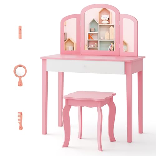 COSTWAY Coiffeuse Enfant Fille avec Miroir à Trois Volets & Tabouret, Table de Maquillage Enfant avec Dessus Amovible & 3 Accessoires, Design Princesse,...