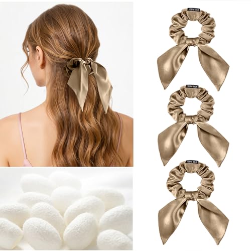 Image of THXSILK 100% Mulberry Silk Bow Scrunchies 3-Pack, 22 Momme Mulberry Silk Hair Ties for Women, Cute Bunny Ear No Damage Ponytail Holders, Fashion Hair Accessories for Girls(M, Taupe)