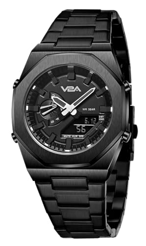 Image of V2A Allure Analogue-Digital Watch for Men, Alloy Case, Stainless Steel Band, 30M Water Resistant, 5 Alarms, World Time, Countdown, Stopwatch Men Watch | Birthday Gift for Man (Black-Black)