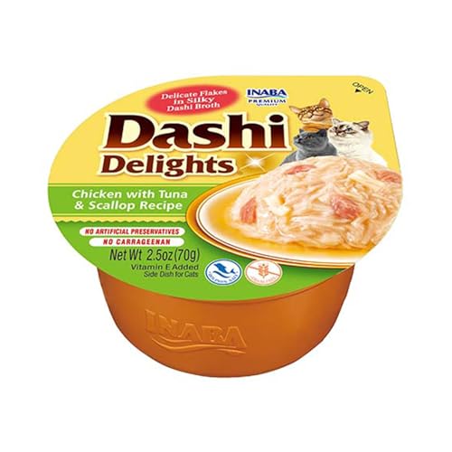 INABA Dashi Delights, Delicati Fiocchi in Brodo di Pollo con Tonno e Capesante - Cibo Umido per Gatti con Dashi - Snack Gatti Ricco di Proteine, Ingredienti Naturali - Pasto Complementare - 1 x 70gr