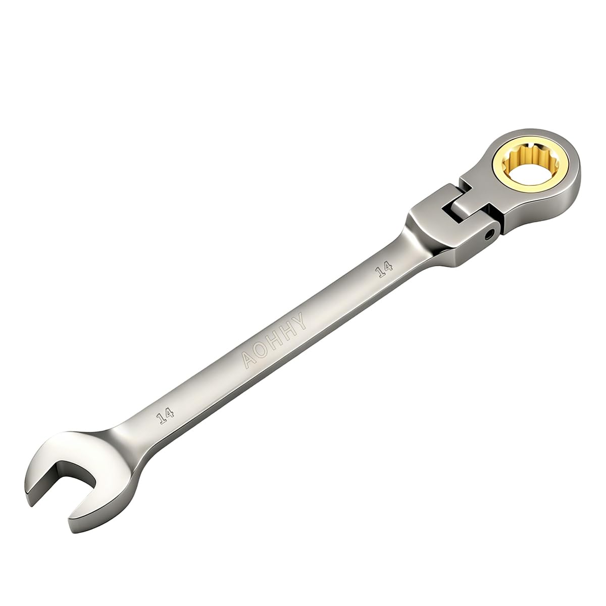 Aohhy Flexible Head Ratchet Spanner 14mm Cr-V Steel Forged Combination Spanner, 72 Tooth Gear System Flexible Head and Open End Combination Wrench with Grey Nickle Plated