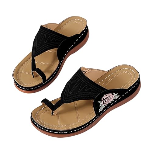 Genérico Sandalias Para Playa Zapatillas Mujer Casa Verano Sandalias y zapatillas bordadas con flores y parte inferior plana con punta de verano para mujer Sandalia Deportiva Mujer (Black, 40)