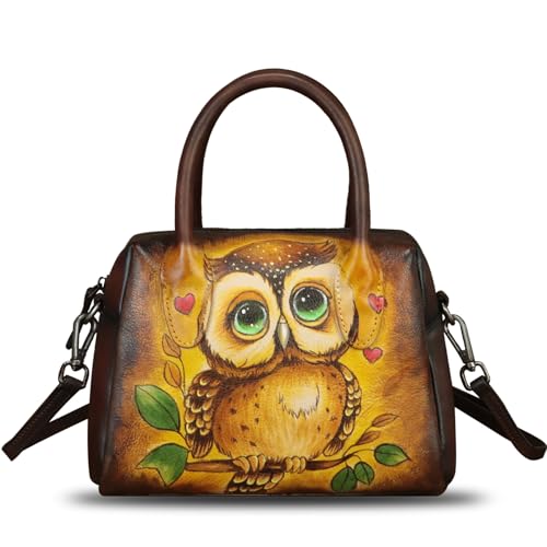Image of Genuine Leather Handbag for Women Hand Painted Top Handle Purse Retro Handmade Satchel Vintage Crossbody Hobo Bag