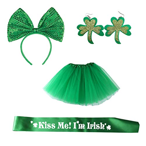PretyzOOM 4 peças acessório para fantasia de Dia de São Patrício com laço verde para tiara, saia tut