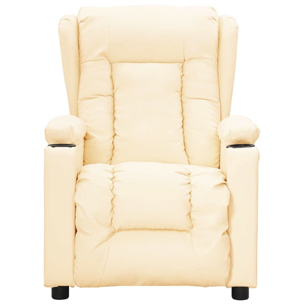 Poltrona relax in ecopelle color crema, poltrona TV con funzione reclinabile manuale e 2 portabevande, poltrona imbottita regolabile per soggiorno, poltrona TV con poggiapiedi, 72,5 x 96 x