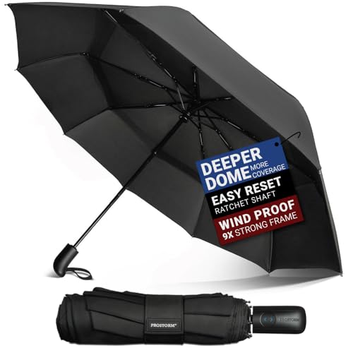 Prostorm Vented Travel Umbrella | Strong Compact Windproof Umbrella | Deep Dome Coverage | Automatic Open/Close | Portable Pop Up with Large Coverage | Fits Car & Backpack (Black)