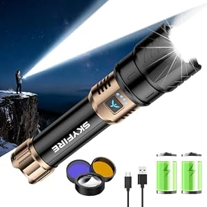 SKYFIRE LED Taschenlampe 5000 Lumen wiederaufladbar, superhelle Taschenlampe mit Zündlinse & 3 Farblinsen, 10000mAh zoombar USB-C, 4 Modi IPX6 wasserdicht für Camping Notfall Geschenk