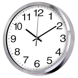 Wall Clock 12 Inch Metal Frame Glass Cover Non-ticking Number Quartz Wall Clock Modern Quartz Design Decorative Indoor/Kitchen(Silver)