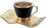 DEMMEX Atemberaubende türkische Espresso-Kaffeetassen mit Metallhaltern und Untertassen-Set für 6 Stück, 74 ml (Schwarz - Gold)