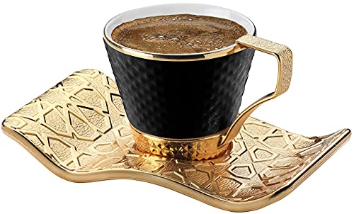 DEMMEX Stunning Espresso Turkish Coffee Cups with Metal Holders and Saucers Set for 6, 2.6 Ounces (Black - Gold)