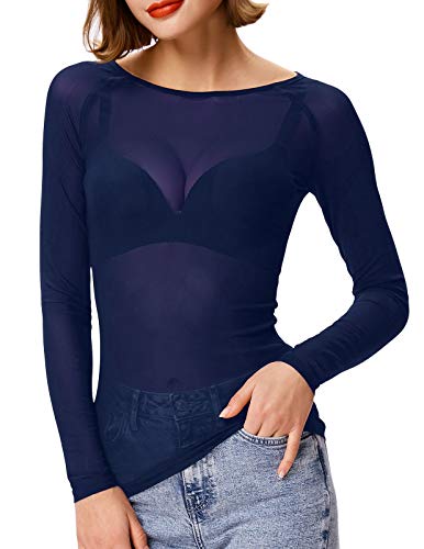 Kate Kasin Sheer Long Sleeve Top Mesh Shirts for Women(XL,Navy)