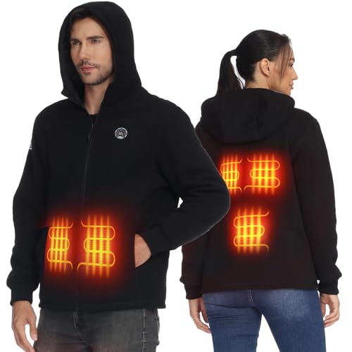 KEMIMOTO Heated Hoodie for Men and Women, with App Function, Heated Pullover Made of Soft Fleece, Heating Jacket with 12 V 20000 mAh Battery, black, L