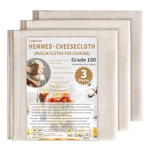 Colperun Cheese Cloths for Straining, 3Pack, Grade 100, 50x50cm Hemmed Muslin Cloths for Cooking Reusable Cheesecloth, Unbleached Cotton Cheese Cloth Muslin Fabric Strainer for Jam, Butter, Juicing