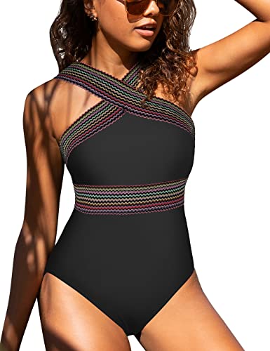 Hilor Women's One Piece Swimwear Front Crossover Swimsuits Hollow Bathing Suits Monokinis Black Stripes S/Us4-6 #TOP1