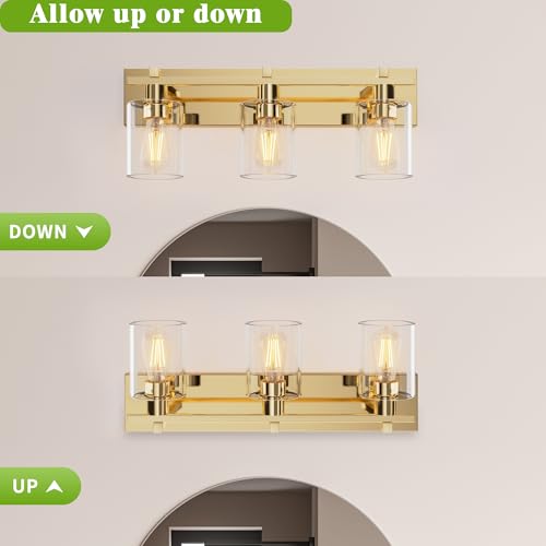 Image of Bathroom Vanity Light, 3 Light Gold Light Fixture with Thickened Clear Glass Shade, 21 inch Modern Wall Sconce,Vanity Light Over Mirror for Bathroom