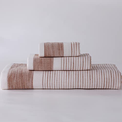 Striped Bath Towels Large 100% Long-Staple Cotton Double Weave Luxury White Brown Bath Towels Washcloth Hand Towel Sets, Quick Dry, Ultra Soft, Highly Absorbent Towel For Bathroom (Brown Stripe) #TOP14