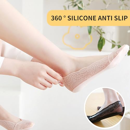 5 Pairs Low Cut Lace Socks - Ice Silk Thin No Show Non-Skid Boat Socks for Women & Girls4