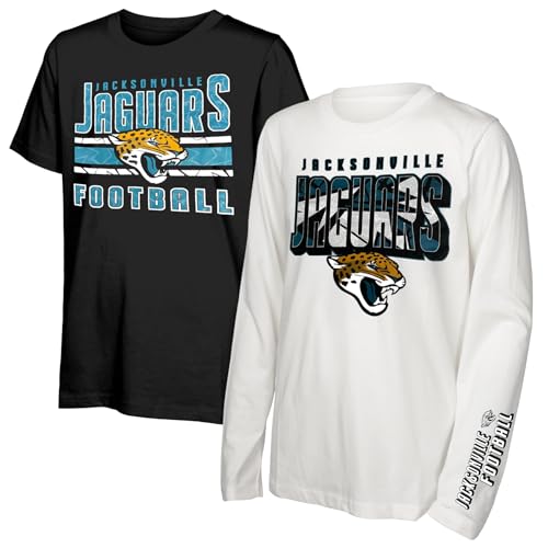 NFL Officially Licensed Kids Youth Boys 8-20 Primary Logo Wordmark in The Mix 2 Pack Long Sleeve T-Shirt Combo Set - Jacksonville Jaguars - Large
