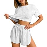 TianGiKi Summer Pajamas for Women 2026 Two Piece Outfit Short Sleeve Top and High Elastic Shorts Fashion Eyelet Pjs Sets White