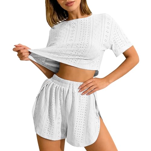 TianGiKi Summer Pajamas for Women 2026 Two Piece Outfit Short Sleeve Top and High Elastic Shorts Fashion Eyelet Pjs Sets White