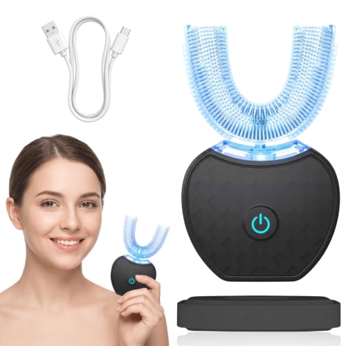 AURIVEE Cepillo Dental Eléctrico Ultrasónico Forma U, Cepillo Adultos con Luz Azul, 3 Modos 36000-48000 RPM, IPX7 Impermeable, Temporizador 45s, USB Recargable, Silicona Suave para Adultos