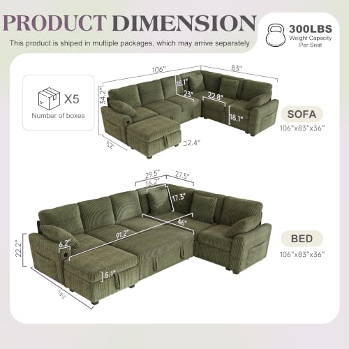 Image of Hanherry Sectional Sofa with Pull Out Couch Bed,6 Seats Corduroy Sleeper Sofa with Storage Ottoman & USB Charging,Comfy L Shaped Modular Couches for Living Room,Apartment