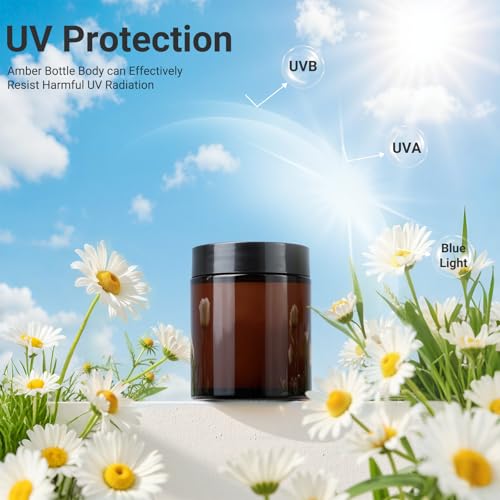 12 Pack 8 oz Amber Round Glass Jars, 240 g Empty Cosmetic Containers with Inner Liners, Black Plastics Lids Glass Jars with Lables for Cosmetics, Face Cream, Lotion, Ointments and DIY Candle4