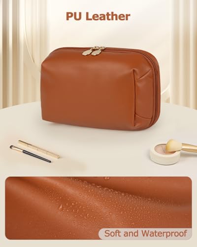 Travel Makeup Bag Gift for Women, Soft PU Leather Cosmetic Bags, Waterproof Toiletry Bag, Portable Wide Open Pouch, Travel Cosmetic Bag with Divider and Handle, Medium, Brown4