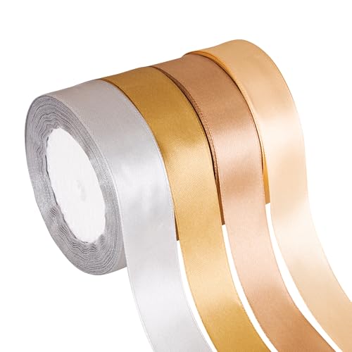 Fyshird Gold Satin Ribbon for Gift Wrapping 25mm x 22m Thick Ribbon Gold Christmas Ribbon Fabric Polyester Silver Ribbons for Crafting DIY Wedding Party Decorations Christmas Door Cake