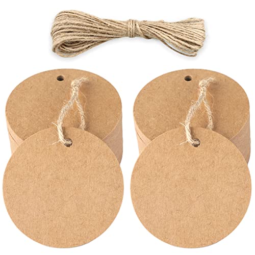 Rund Geschenkanhänger Kraftpapier Etiketten 5 5 cm 50 Stück Hängeetiketten und Juteschnur für Handwerk Hochzeit Weihnachten Geschenkverpackung (Braun)