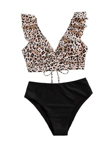 MakeMeChic Women's Leopard Print Bikini Set V Neck Ruffle Lace Up Bathing Suit Swimwear