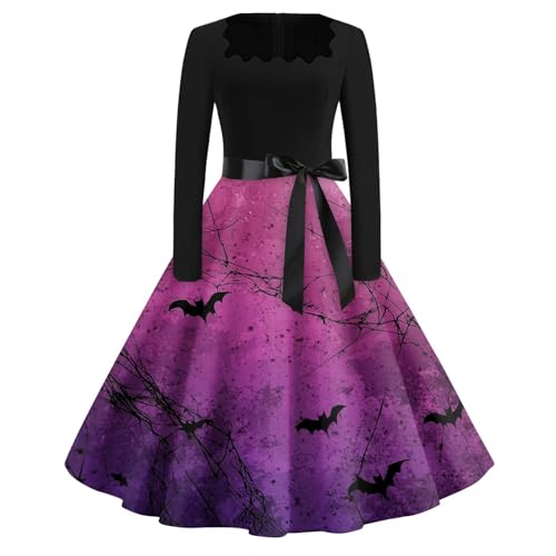Kleid Halloween Damen Slim Fit Skelett Herbst Halloween Kostüm Damen Gothic Drucke Piraten Hepburnkleid Langarm Dress Horror Klassisch 2# L