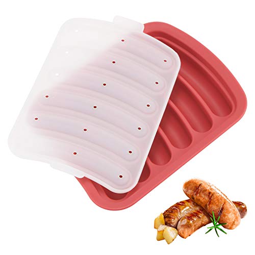 ALLOMN Molde para salchichas de silicona multiuso Perros calientes hechos a mano Hamburguesa Hornear Mini moldes de silicona con 6 ranuras para bricolaje comida Makler, aprobado por la FDA (rojo)