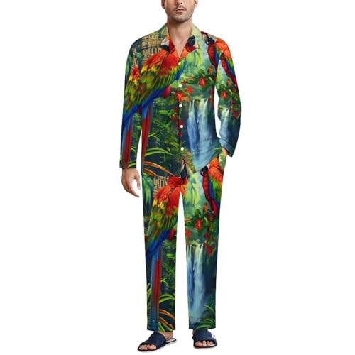 Landscape Parrot Bird Men Pajamas Set Sleepwear Long Sleeve Pajama Tops And Pants Loungewear PJS