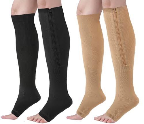 Image of 2 Pairs Zipper Compression Socks,Compression Stockings for Men and Women,15-20 mmHg Open Toe Compression Socks